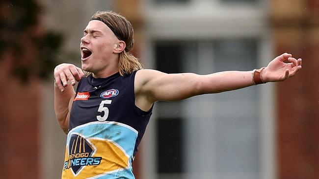 MELBOURNE, AUSTRALIA - APRIL 08: Harley Reid of Bendigo celebrates a goal during the round three Coates Talent League Boys match between Bendigo Pioneers and Tasmania Devils at Arden Street Ground on April 08, 2023 in Melbourne, Australia. (Photo by Jonathan DiMaggio/AFL Photos/via Getty Images)