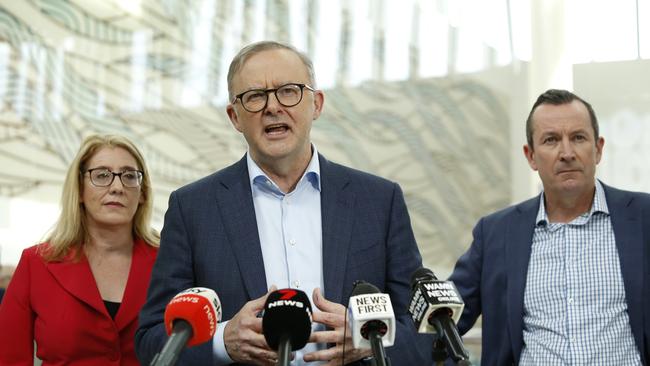 Anthony Albanese reiterated that Labor’s position on tax cuts had not changed during his visit to Perth where he attended the official opening of the Metronet Airport Line with WA Transport Minister Rita Saffioti, left, and WA Premier Mark McGowan, right. Picture: NCA NewsWire /Philip Gostelow