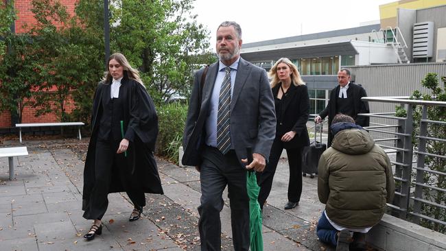From left: barrister Sophie Stafford, lawyer Bill Doogue, lawyer Ophelia Holloway and barrister Colin Mandy SC arrive at Latrobe Valley Magistrates' Court in Morwell, Victoria. Picture: AFP