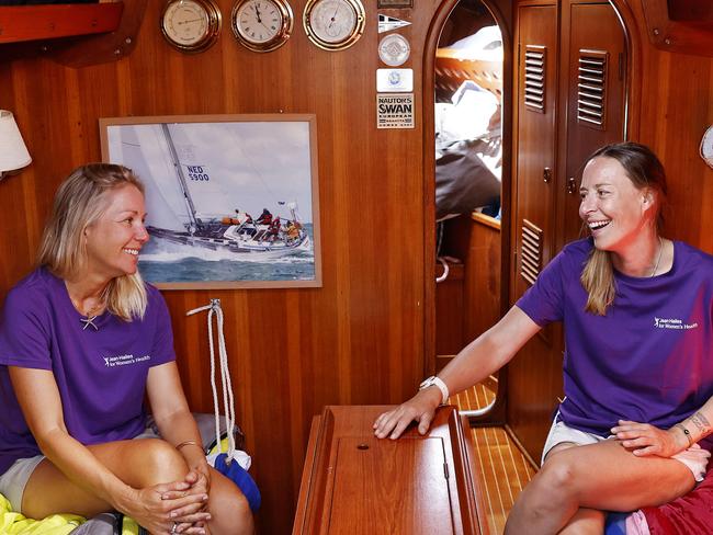 DAILY TELEGRAPH - 6.12.24Sydney to Hobart preparation in Darling Point today.  Female sailors L to R Saskia Groen-InÃt-Woud and Maude Demure aboard their vessel. Picture: Sam Ruttyn