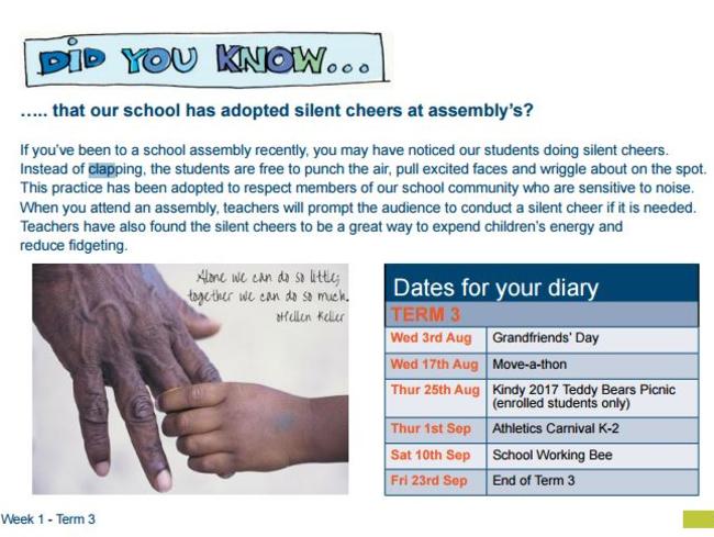 The Elanora public school’s newsletter banned clapping out of ‘respect’ for noise-sensitive students who may now ‘punch the air’ or do ‘silent cheers’. Picture: Elanora Heights Public School