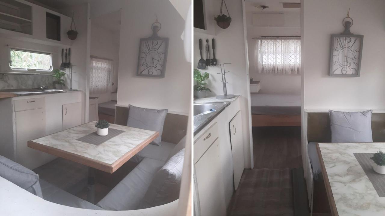 The 25-foot caravan features a kitchen, bench seat, and one bed for its prospective tenant. Picture: Facebook.