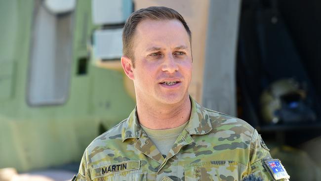 LTCOL Jamie Martin speaks to media about Ex Vigilant Scimitar at the Townsville RAAF Base. Picture: Shae Beplate.