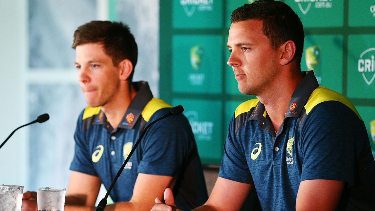 Tim Paine and Josh Hazlewood presented the Player Pact on Monday.