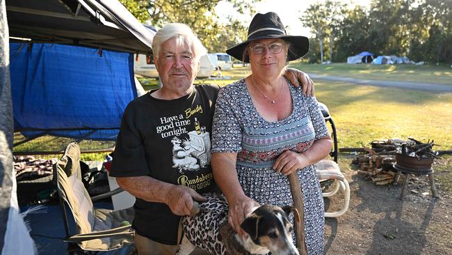 Tracey Hind 58 and partner Stephen Ibbetson 72 (with 19yr old Charlie the dog) Tracey Wilkinson 59 who were living in the car park at the show grounds in Lawnton, Brisbane. Photo: Lyndon Mechielsen.