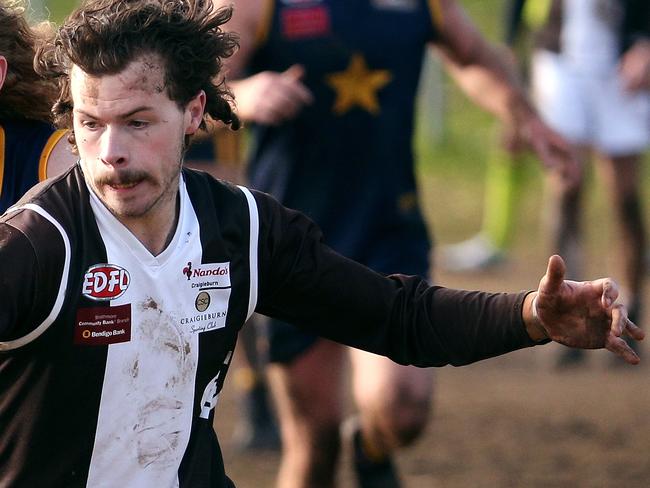 EDFL footy: Essendon Doutta Stars v Craigieburn: Rhys Fynch of Craigieburn (front) contests with Chase Dawson of Doutta StarsSaturday, July 3, 2021, in Essendon, Victoria, Australia. Picture: Hamish Blair