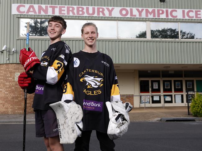 Canterbury Eagles Ice Hockey players Parker Law, 16, (left) and Jason Beazley, 15, outside the Canterbury Ice Rink. Picture: Jonathan Ng