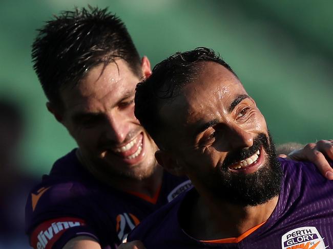 Diego Castro of the Glory celebrates scoring a goal with Bruno Fornaroli of the Glory during the Round 11 A-League match between the Perth Glory and the Newcastle Jets at HBF Park in Perth, Saturday, December 21, 2019. (AAP Image/Gary Day) NO ARCHIVING, EDITORIAL USE ONLY