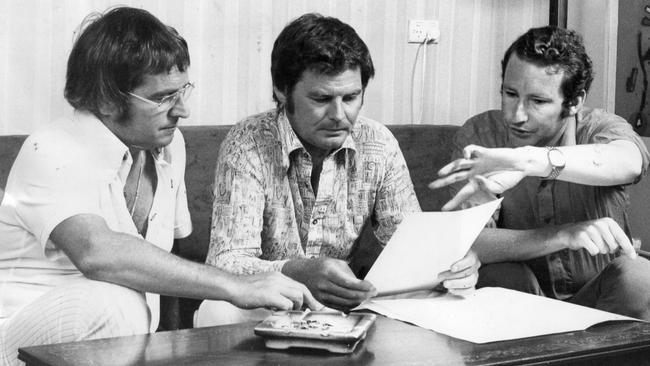 McColl Jones wrote for others besides Kennedy: pictured here (centre) with Channel 9’s Ernie Sigley (left) and producer Bob Phillips in 1974.