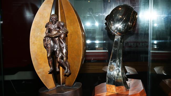 The Optus Cup and Super League Telstra Cup at the NRL Museum at Rugby League Central, Sydney. Pic Brett Costello