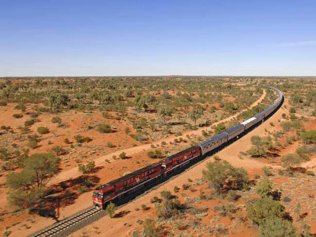 The Ghan travelling through the outback, NTPhoto - Tourism NTEscape 19 Feb 2023Escape To