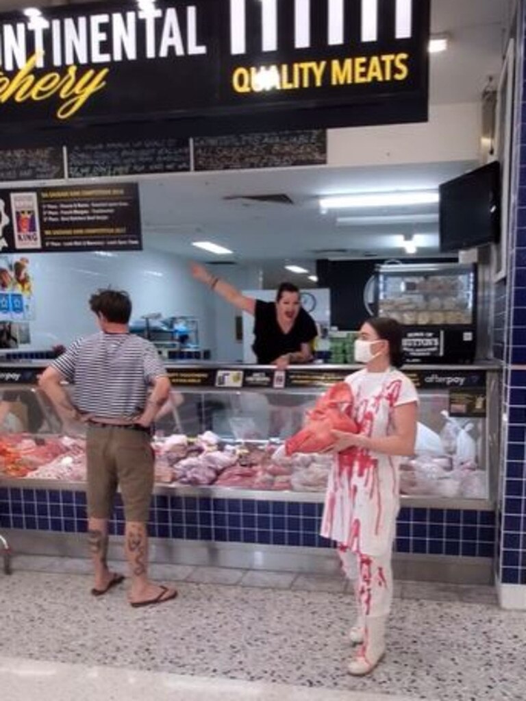 Staff at a butcher yell at Ms Peterson to leave during one of her confronting protests. Picture: Supplied