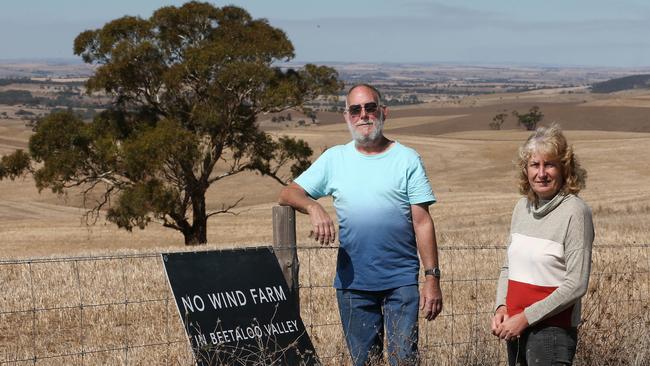 Sue Scarman and John Birrell in the Southern Flinders ranges along the Heysen Trail, at the site of the proposed windfarm which they are against. Picture: Dylan Coker