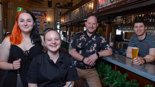 Mile End Hotel workers L-R: Shae Murphy school based apprentice,4th year apprentice chef Georgia Salisbury, duty manager Gerry Ebert and front of house trainee Flynn Lauritsen and , Wednesday November 25, 2020. Pic: Brenton Edwards