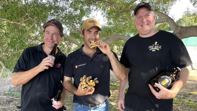 The Purple Mango Cafe and Brewery Adam Asanovski, NT Hay Seed and Grain Mic Jakobi and One Mile Brewery Stuart Brown with their products. Picture: Floss Adams