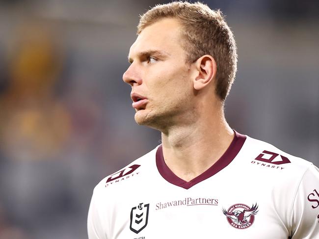 SYDNEY, AUSTRALIA - MAY 20:  Tom Trbojevic of the Sea Eagles looks on during the warm-up before the round 11 NRL match between the Parramatta Eels and the Manly Sea Eagles at CommBank Stadium, on May 20, 2022, in Sydney, Australia. (Photo by Mark Kolbe/Getty Images)