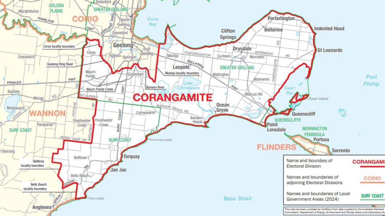 The boundaries of the Corangamite electorate were redrawn ahead of this year's federal election. Source: Australian Electoral Commission (2024).