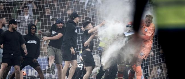 About 120 to 150 Melbourne Victoria fans invaded the pitch at the 20-minute mark. Picture: Supplied.