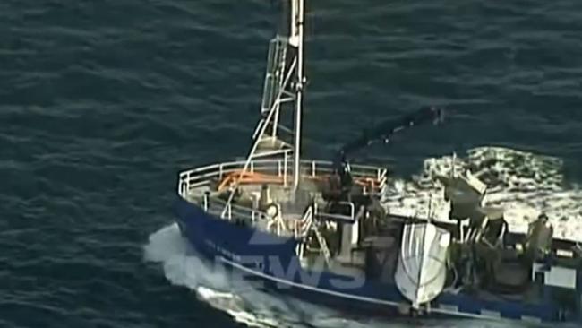Commercial fishing vessel Delamere recovered the capsized hull and transported it back to the coast. Picture: 7NEWS