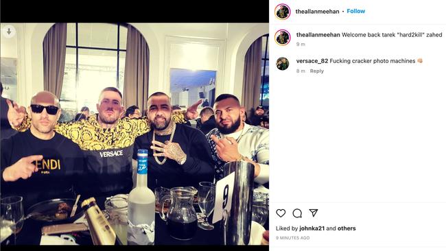 Comanchero bikie boss Tarek Zahed (far left) has been seen for the first time since he was shot ten times in May, in a photo shared on the gang’s president’s Instagram.