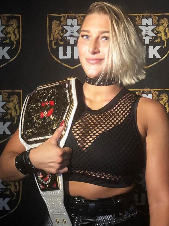 Adelaide wrestler Rhea Ripley in the UK with the WWE NXT UK Women's Championship. Picture: WWE