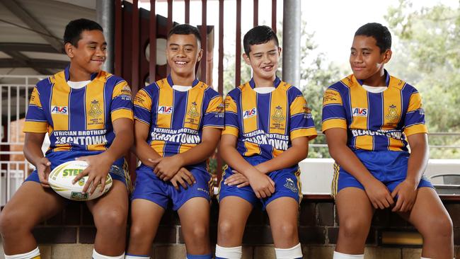 EmbPatrician Brothers College, Blacktown Year 7 players Alexander Pupualii, 12, Calvary Luai, 12, Tyrone Moeroa, 12, and Cornelius Pupualii, 12. Picture: Jonathan Ng