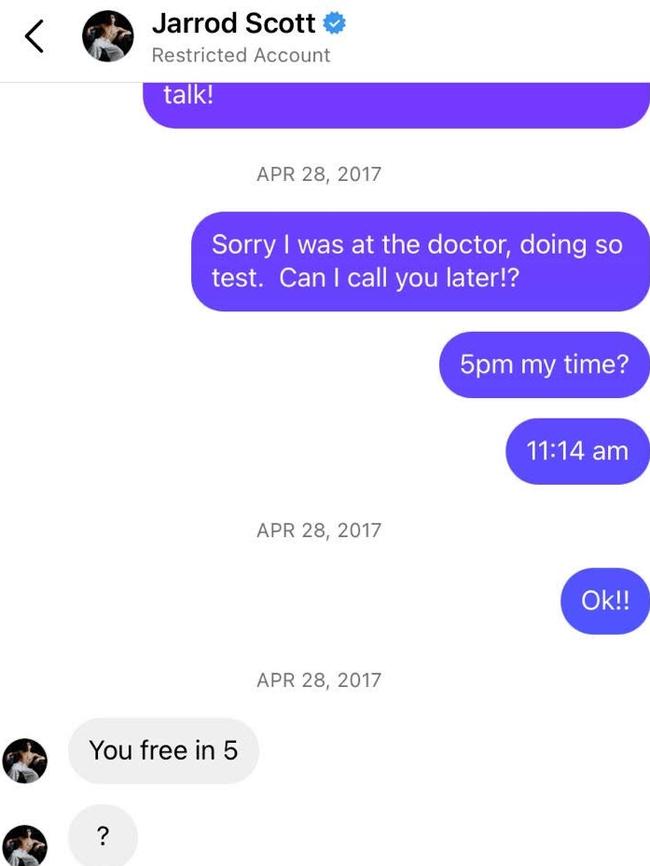Fleming says this was the final communication she received from Scott, when he agreed to a phone call in which she told him she was pregnant. Picture: Supplied