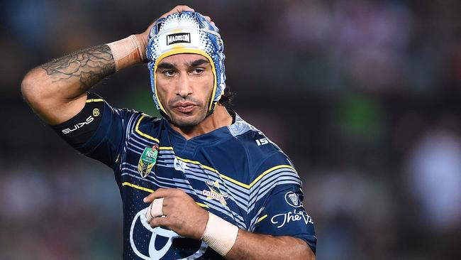 TOWNSVILLE, QUEENSLAND - APRIL 02: Johnathan Thurston of the Cowboys looks on before the start of the round five NRL match between the North Queensland Cowboys and the St George Illawarra Dragons at 1300SMILES Stadium on April 2, 2016 in Townsville, Australia. (Photo by Ian Hitchcock/Getty Images)