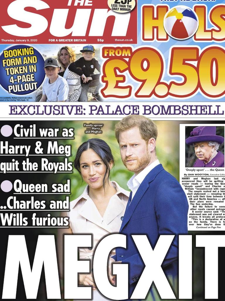 The Sun newspaper announcing that Meghan and Harry were to step back as royals.