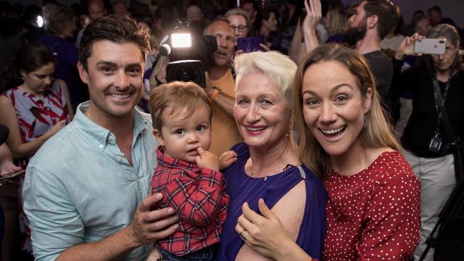 Kerryn Phelps with her family Rob Chambers, Billy Chambers, and her daughter Jaime Chambers, on Saturday night. Picture: AAP