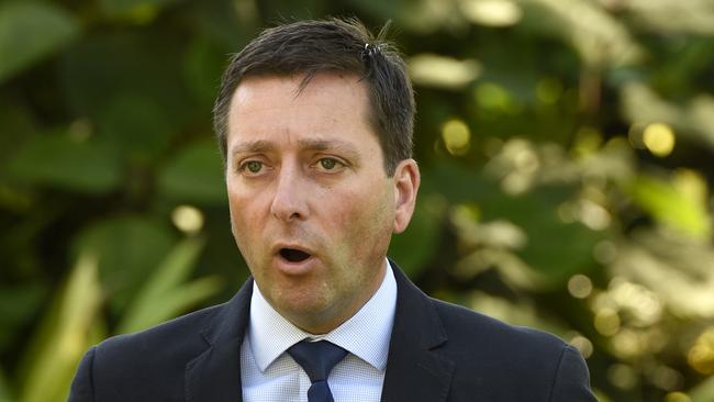 MELBOURNE, AUSTRALIA - NewsWire Photos MARCH 03, 2022: Victorian Opposition Leader Matthew Guy speaks at a press conference at the Parliament House garden in Melbourne. Picture: NCA NewsWire / Andrew Henshaw