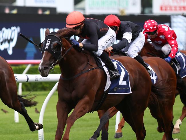 SYDNEY, AUSTRALIA - FEBRUARY 17: Jason Collett riding Semana wins Race 6 Robrick Lodge Triscay Stakes during "Apollo Stakes Day" - Sydney Racing at Royal Randwick Racecourse on February 17, 2024 in Sydney, Australia. (Photo by Jeremy Ng/Getty Images)