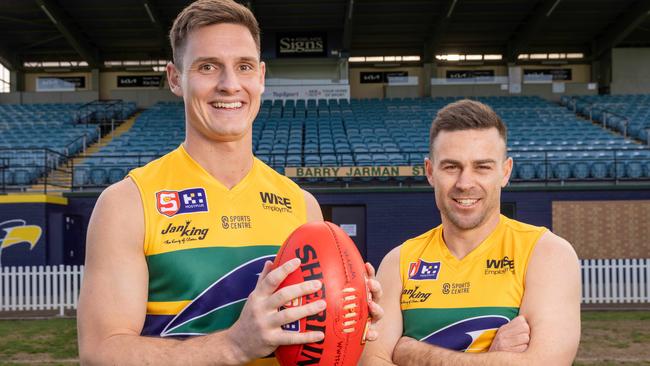 SANFL: Woodville-West Torrens players Luke Thompson and Matthew Goldsworthy at Woodville Oval. Pictured on 28th August 2024. Picture: Ben Clark