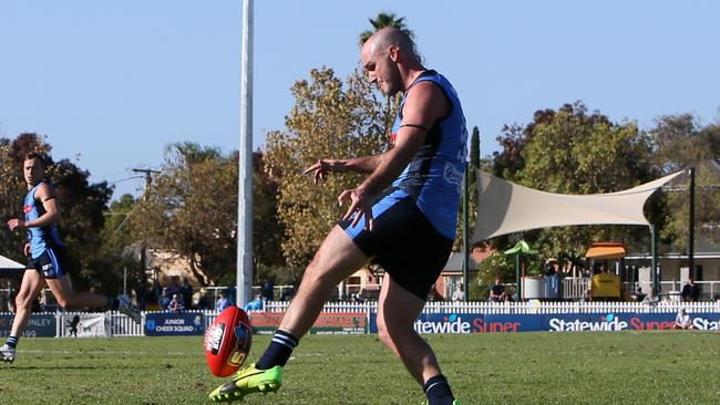 Was Sturt’s inspirational captain Zane Kirkwood sporting a new Mohawk hairstyle against South Adelaide at Unley Oval? Picture: Emma Brasier/AAP