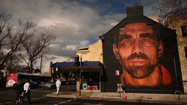 A mural of Adam Goodes in inner city Sydney. Goodes has been a rare Aboriginal voice heard in the AFL environment. Picture: AFP