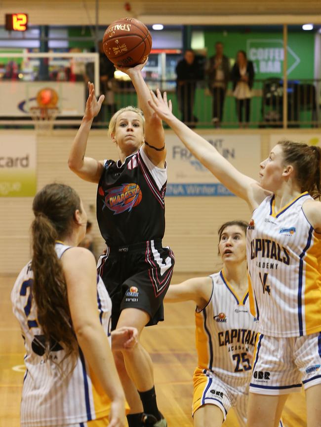 <s1>ON TARGET: The Lady Chargers’ Chelsie Schweers scores despite pressure from Issy Bourne. </s1>                        <source>Picture: MATT THOMPSON</source>