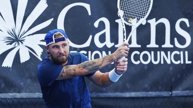 Omar Jasika competes in the Men's final of the ITF Cairns International #2 tennis tournament, held at the Cairns International Tennis Centre. Picture: Brendan Radke