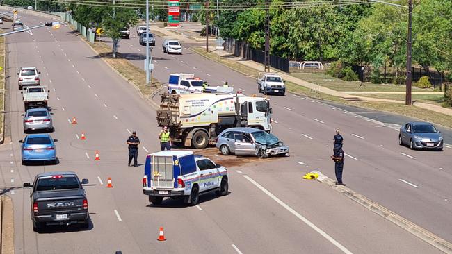 Emergency services at the scene of a crash along Bagot Road on Thursday morning. Picture: Che Chorley