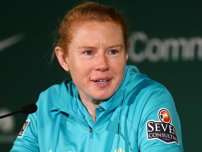 BRISBANE, AUSTRALIA - AUGUST 03: Clare Polkinghorne speaks to media during an Australia Matildas media session during the the FIFA Women's World Cup Australia & New Zealand 2023 at Queensland Sport and Athletics Centre on August 03, 2023 in Brisbane, Australia. (Photo by Chris Hyde/Getty Images)