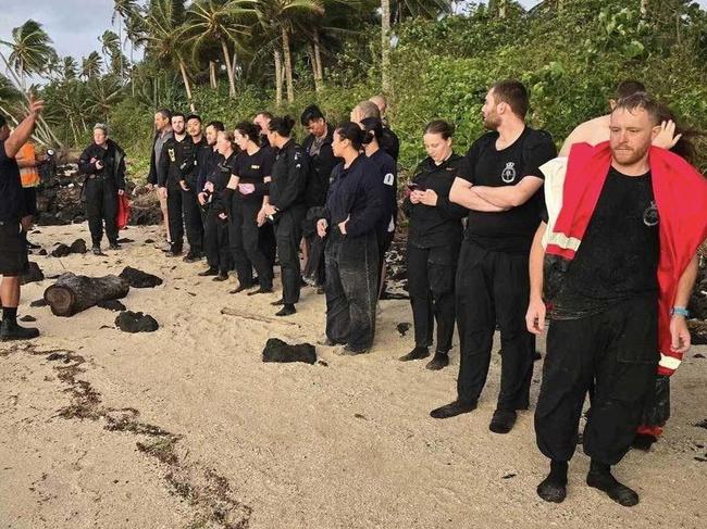 Crew from the HMNZS Manawanui when they reached dry land on the coast of Upolu. Picture: Samoa Fire and Emergency Services Authority / Facebook