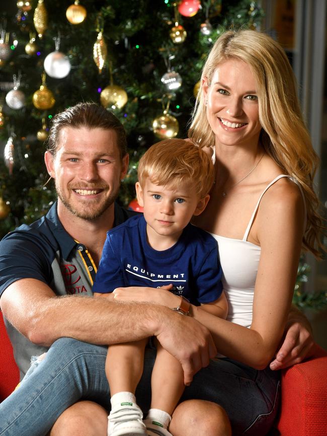 Star Adelaide Crows recruit Bryce Gibbs with fiancee Lauren Tscharke and son Charlie. Picture: Tricia Watkinson