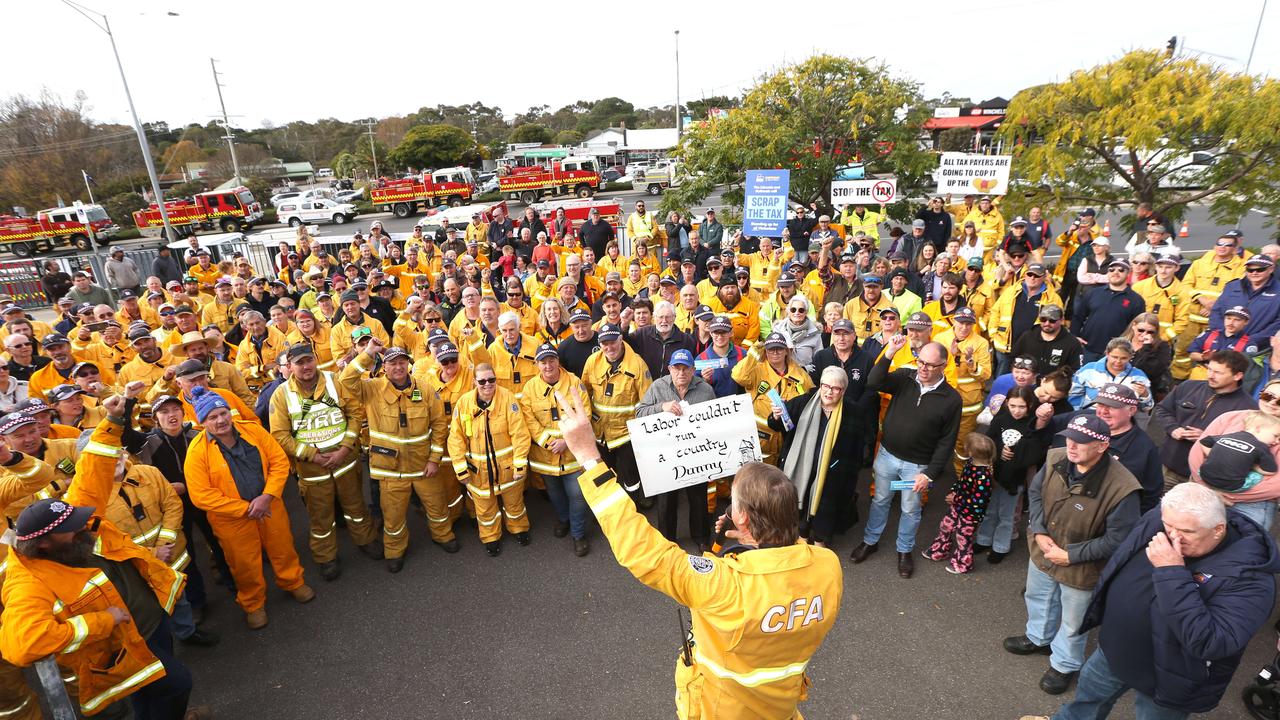 Between 60 and 80 fire trucks descended on the Winchelsea Tearooms in the main street as a protest to the fire levy. Picture: Mike Dugdale