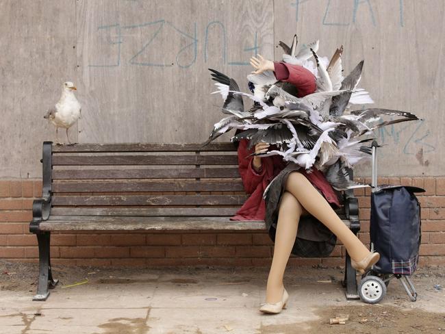 A woman depicted being attacked by seagulls by Banksy, for his exhibition Dismaland. Picture: Yui Mok/PA/The Times