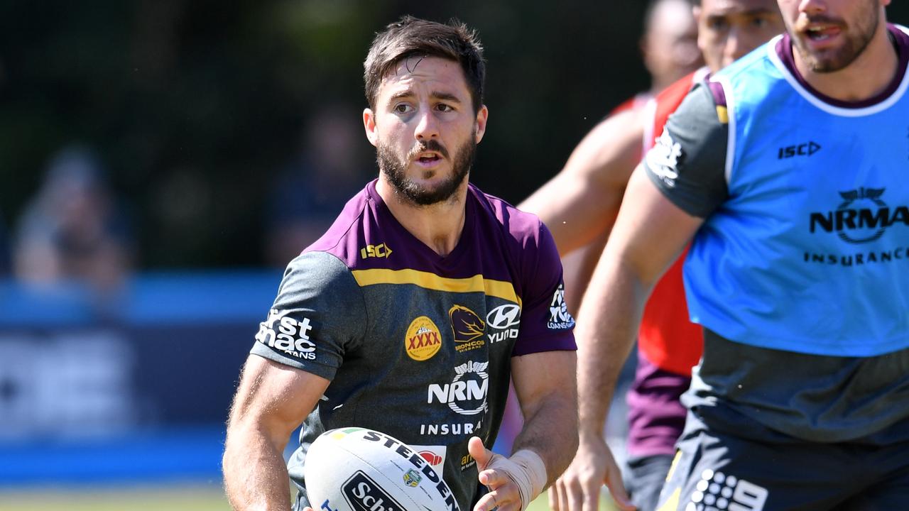 Ben Hunt (left) during the Brisbane Broncos training session in Brisbane, Tuesday, September 19, 2017. The Broncos will play the Melbourne Storm in the NRL preliminary final on Friday. (AAP Image/Darren England) NO ARCHIVING