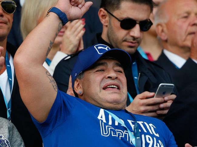 LEICESTER, ENGLAND - OCTOBER 04: Diego Maradona reacts before the 2015 Rugby World Cup Pool C match between Argentina and Tonga at Leicester City Stadium on October 4, 2015 in Leicester, United Kingdom. (Photo by Stu Forster/Getty Images)