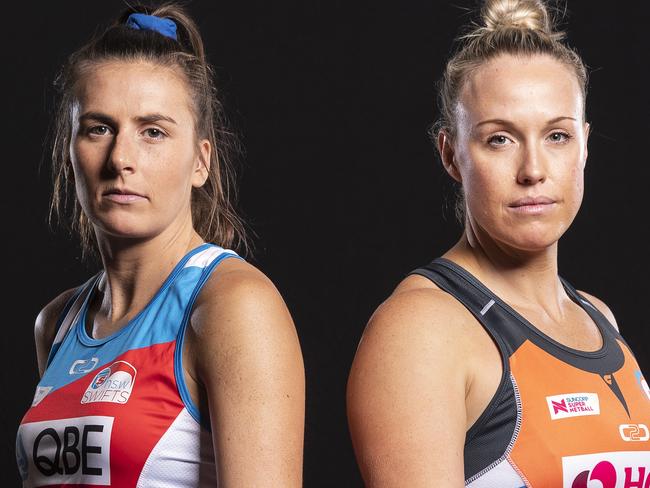 Maddy Proud of the Swifts (left) and Kim Green of the Giants pose for a photo during the Suncorp Super Netball 2019 season launch in Melbourne, Tuesday, April 16, 2019. (AAP Image/Daniel Pockett) NO ARCHIVING