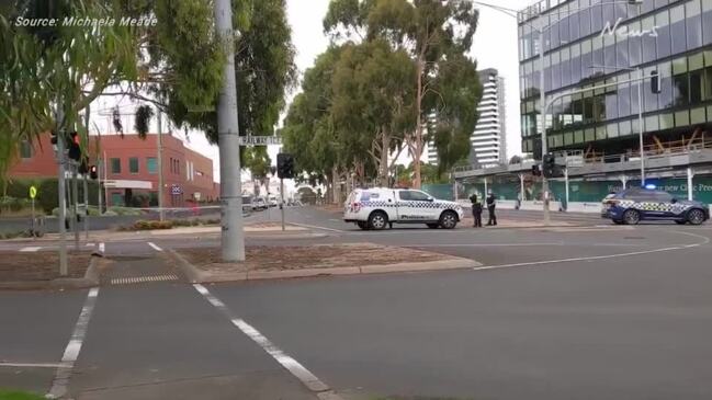 Police block off streets while bomb squad examines package at Geelong police station