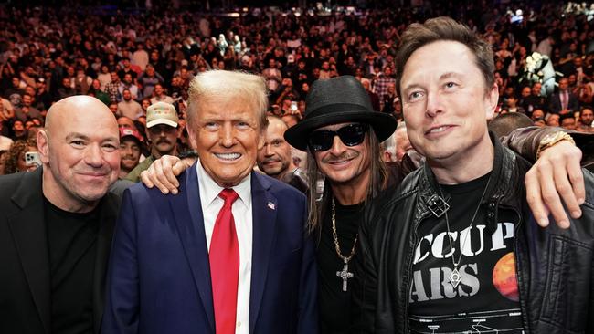 NEW YORK, NEW YORK - NOVEMBER 16: (L-R) Joe Rogan, President-elect Donald Trump, Kid Rock and Elon musk pose for a photo during the UFC 309 event at Madison Square Garden on November 16, 2024 in New York City. (Photo by Chris Unger/Zuffa LLC)