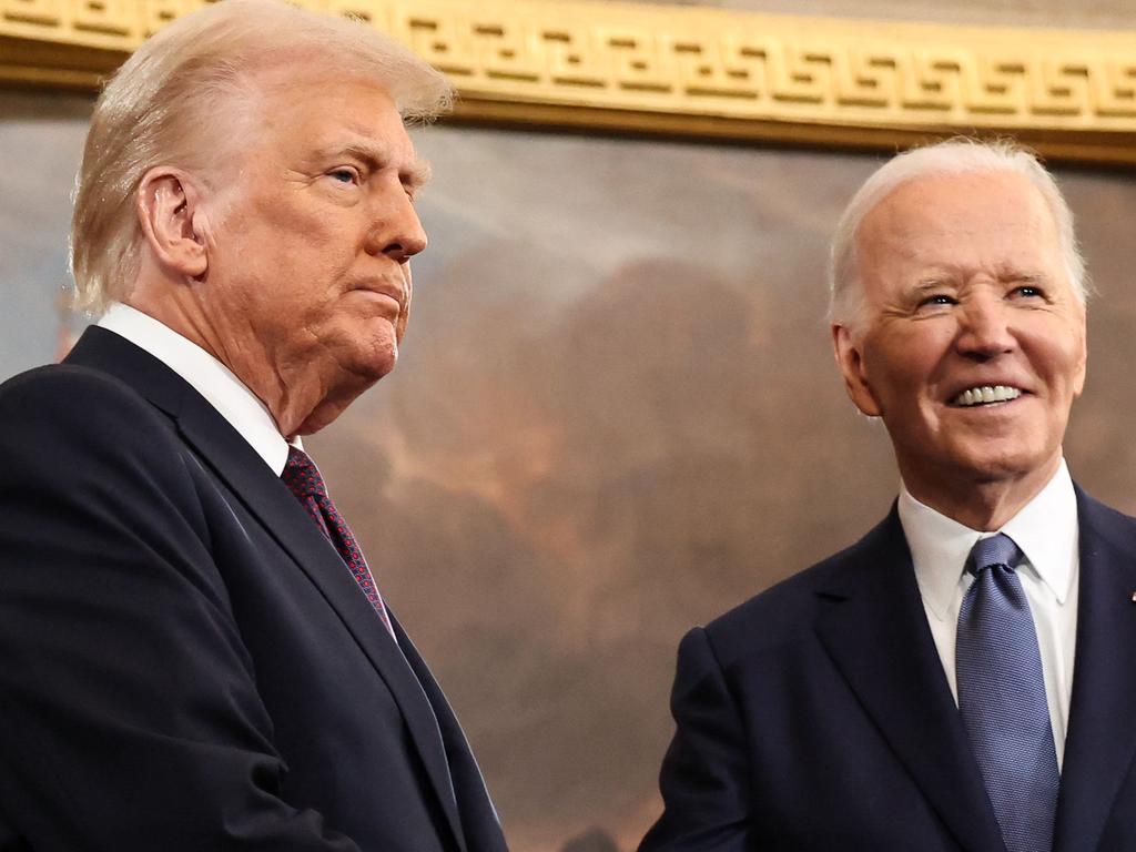 US President-elect Donald Trump greets US President Joe Biden as he arrives for inauguration ceremonies in the Rotunda of the US Capitol on January 20, 2025. Picture: AFP