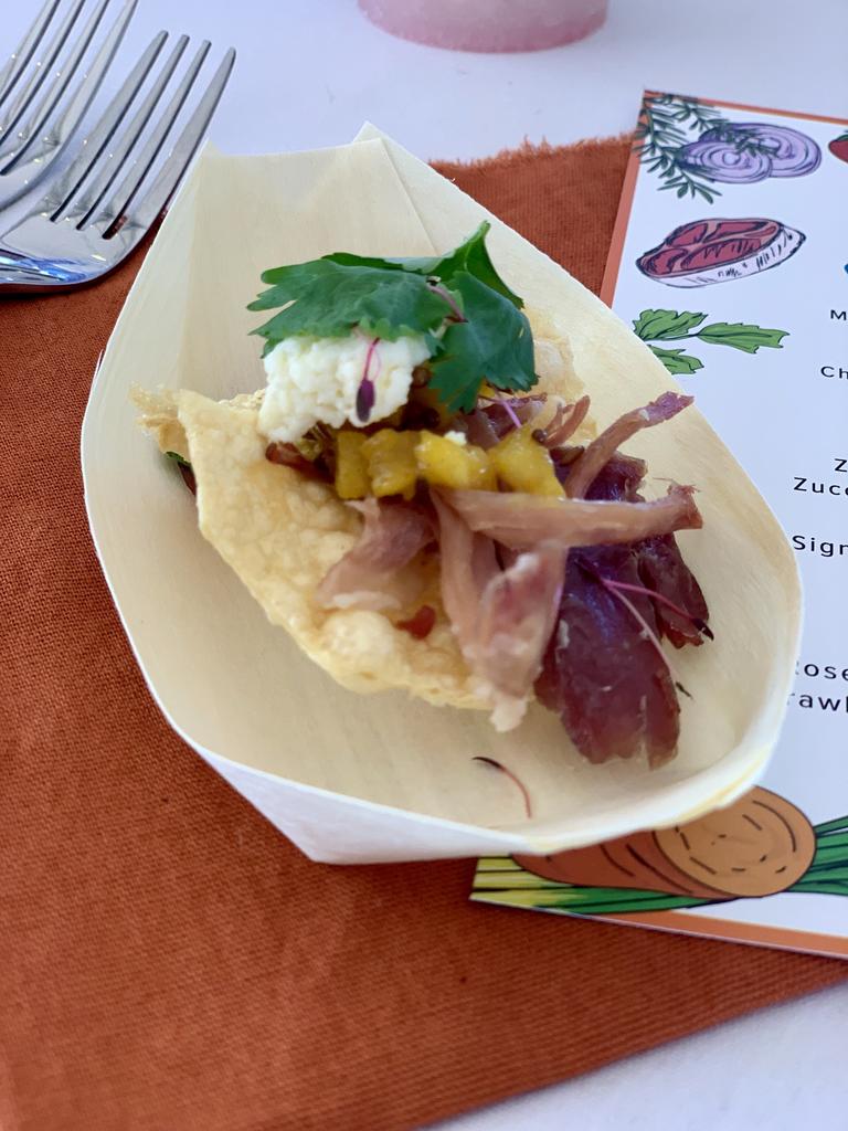 Part of a six-course meal at the 2021 St Lawrence Wetlands Weekend, with celebrity chef Matt Golinski, Pinnacle's The Flackyard chef Nik Flack and Glen Barratt from Wild Canary. Picture: Rae Wilson